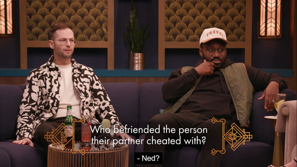 A screenshot of Try Guys Kwesi James and Zach Kornfeld's reactions to the secret "Who befriended the person their partner cheated with?" on Dropout's social deduction game show Dirty Laundry. Kwesi's reaction is "Ned?"