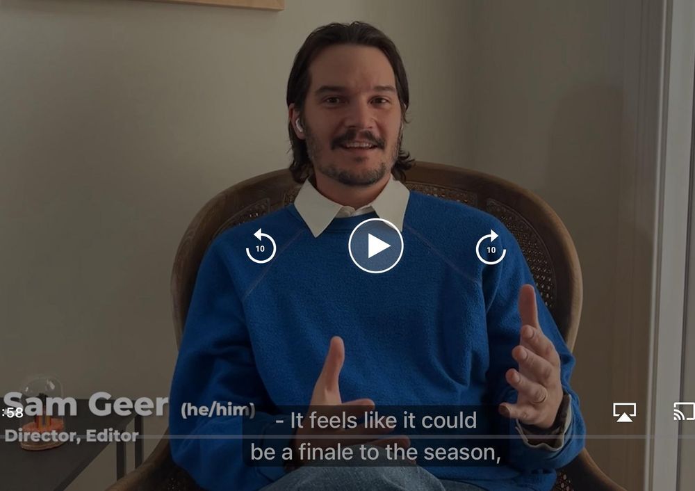 a screenshot of director Sam Geer talking in a behind-the-scenes episode of Game Changer Season 7, Dropout's comedy panel game show.