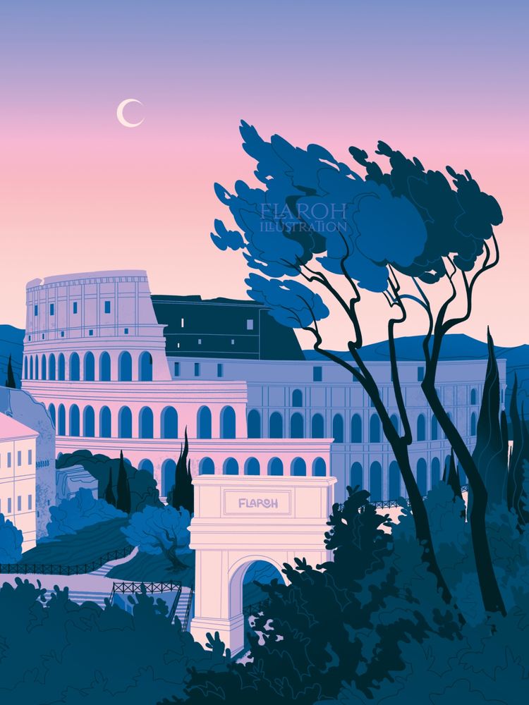 Art by flaroh illustration. A view of the colosseum from the palatine hill, illustrated in a cool blue and purple pink palette. 