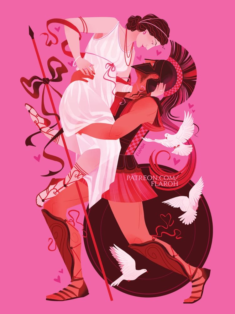 Art by flaroh illustration. Ares and Aphrodite in a passionate embrace. 
