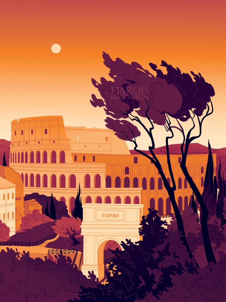 Art by flaroh illustration. A view of the colosseum from the palatine hill, illustrated in a warm orange and purple palette. 