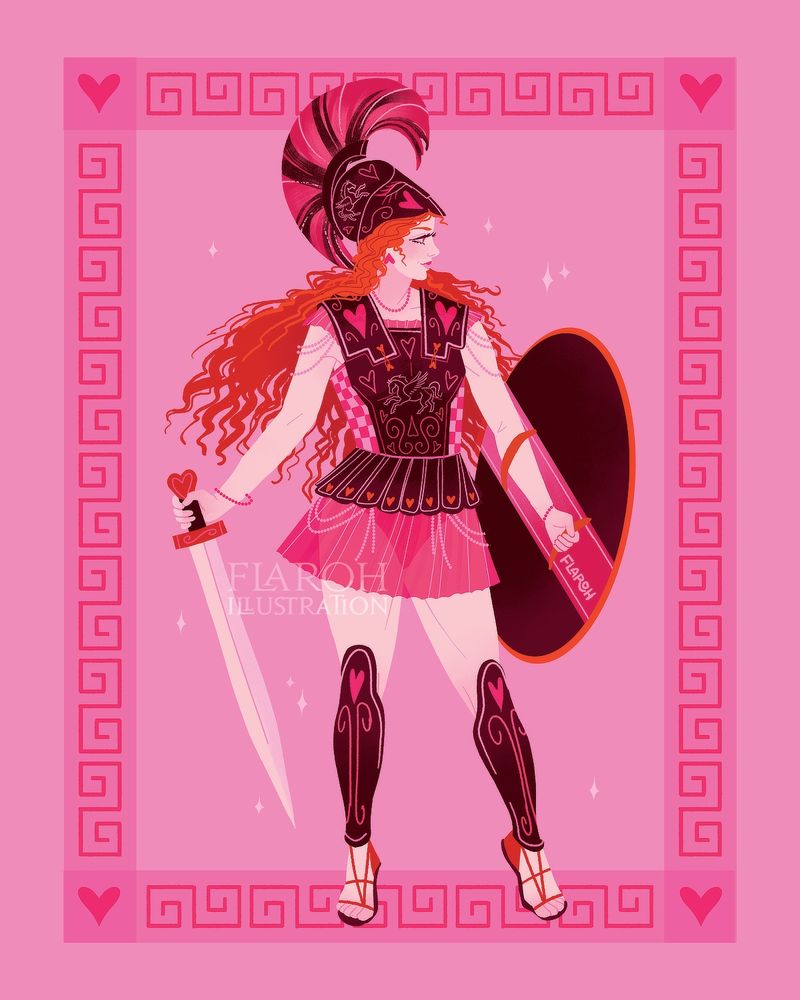 Art by flaroh illustration. A ginger woman in pink and brown hoplite armour on a pink background 