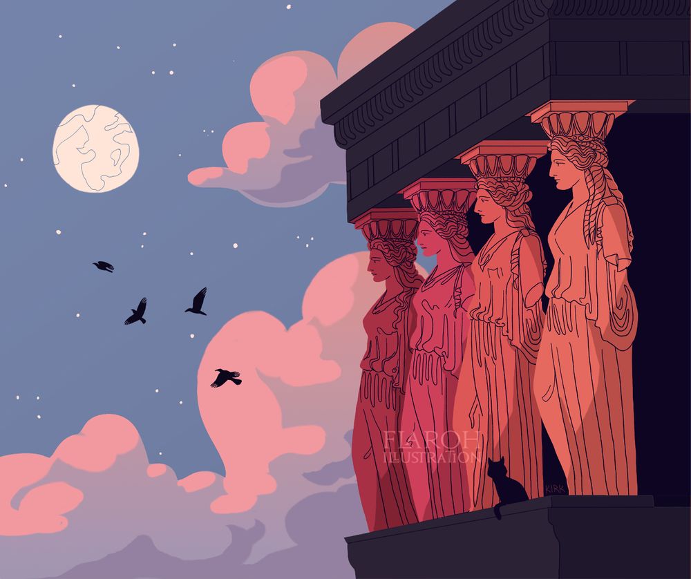 Art by flaroh illustration. A stylised view of the Erechtheion in Athens, with the humanoid pillars overlooking clouds and the moon.  