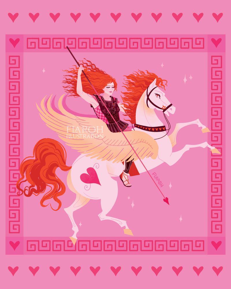 Art by flaroh illustration. A ginger woman in pink and brown hoplite armour riding a white Pegasus with red mane and tail and yellow wings on a pink background