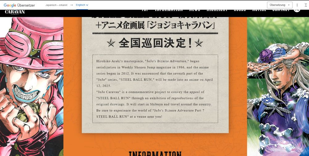 Screenshot der Webseite "jojocaravan.com"

Zu sehen ist eine Ankündigung des Animes zu Part 7 der Serie.