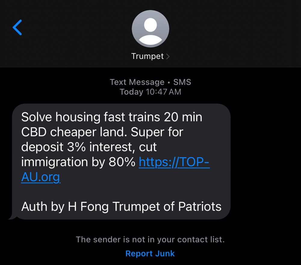 Trumpet text message: Solve housing fast trains 20 min CBD cheaper land. Super for deposit 3% interest, cut immigration by 80% https://TOP- AU.org. Auth by H Fong Trumpet of Patriots