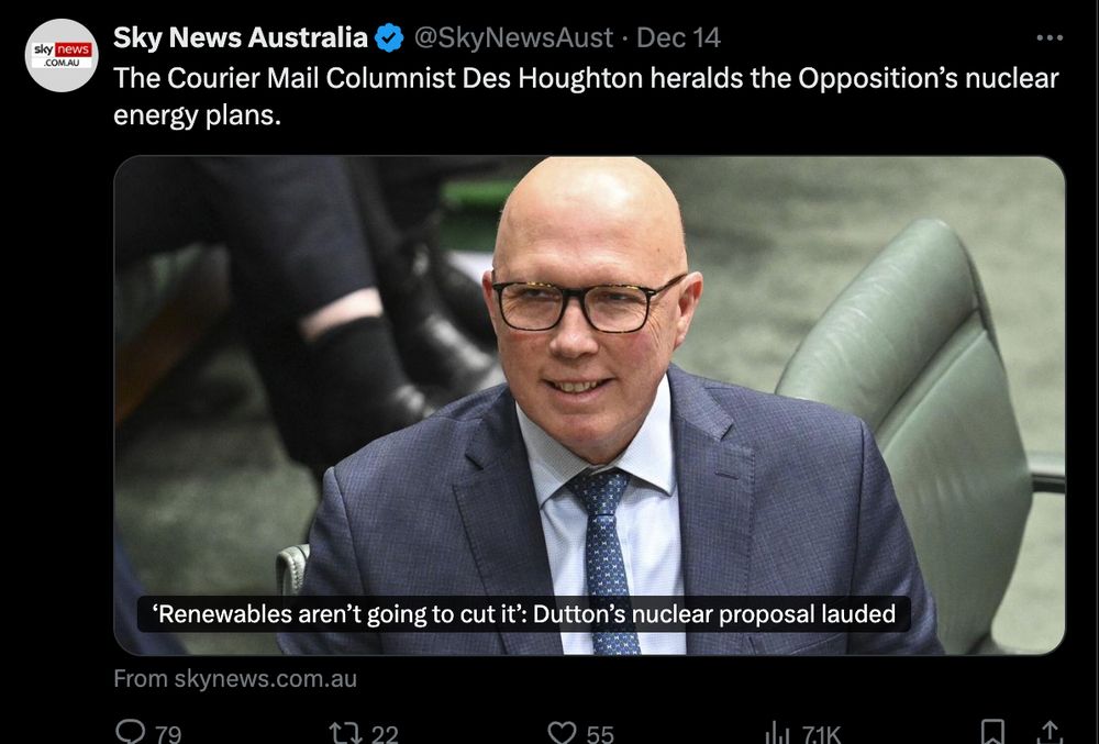 A screenshot of Sky News' Twitter with "Des Houghton heralds the Opposition's nuclear energy plans" with a photo of Peter Dutton in parliament.