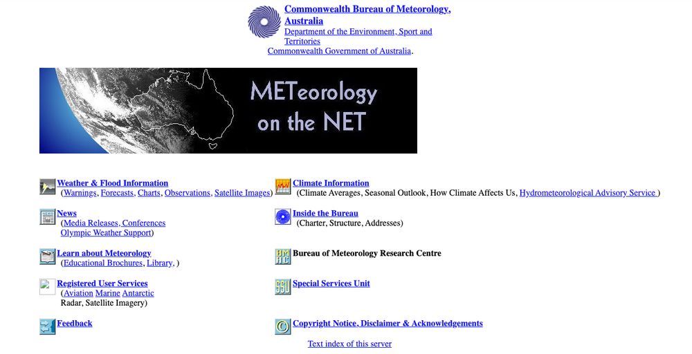 The BoM website from 1997. Featuring links in blue and "METeorology on the NET" with a picture of Australia in the world.