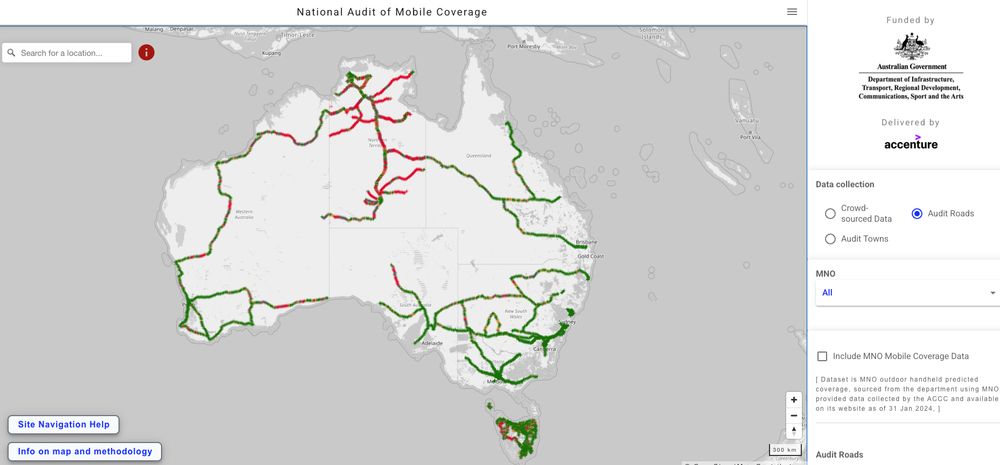A map of Australia of the audited road coverage, green lines spiral out of the major cities, with large red lines around the NT.