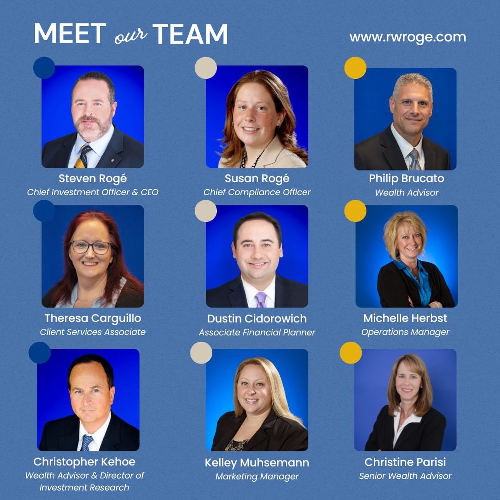 A team introduction graphic set against a deep blue background. It features headshot photos of eight team members with their names and titles below each. From top left to bottom right: Steven Rogé as Chief Investment Officer & CEO, Susan Rogé as Chief Compliance Officer, Philip Brucato as Wealth Advisor, Theresa Carguillo as Client Services Associate, Dustin Cidorowich as Associate Financial Planner, Michelle Herbst as Operations Manager, Christopher Kehoe as Wealth Advisor & Director of Investment Research, and Kelley Muhsemann as Marketing Manager. The company’s website, www.rwroge.com, is noted at the top.