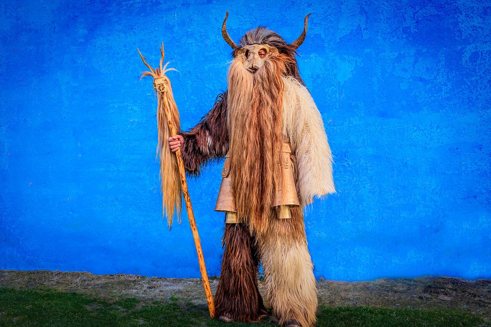 This impressive portrait of a Kuker, whose costume is a masterful blend of fur, wood, and a goat skull mask, serves as a powerful connection between humanity and the natural world. The vivid blue wall highlights the figure's magnificence, while the hand-carved staff and the costume's meticulously crafted details play a crucial role in bringing to life the rich tradition and symbolism of the custom. It's an image that speaks volumes about its mystique and cultural depth.

Kuker is dressed in the skin of a long-haired goat, wearing a skull mask with two horns. He wears several metal bells on his belt. In his right hand, he holds a wooden staff with a goat's skull, long hair, and some horns. 