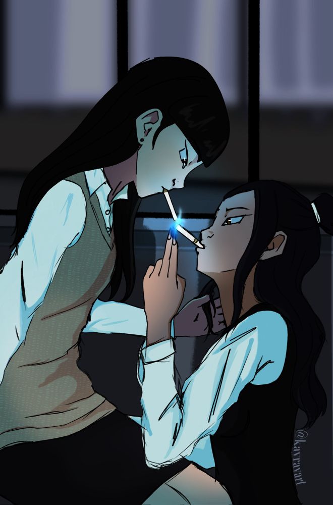 A digital drawing of modern au Mai and Azula. They are wearing their school uniforms as they hang out in a classroom together. Mai sits on a desk and Azula sits on a chair right in front of her. They both have cigarettes in their mouths and Azula brings her fingers up bending blue-fire to light them. Mai’s hand gently cards through Azula’s long hair as she watches her.