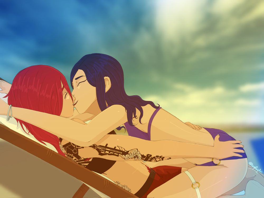 A digital drawing of Vi and Caitlyn from Arcane: League of Legends. The two women relax on a lounge chair by the Kirraman mansion’s outdoor pool. Caitlyn sits in Vi’s lap as they both smile widely into each other’s lips. The sun beams down on them as they enjoy this blissful summer moment.