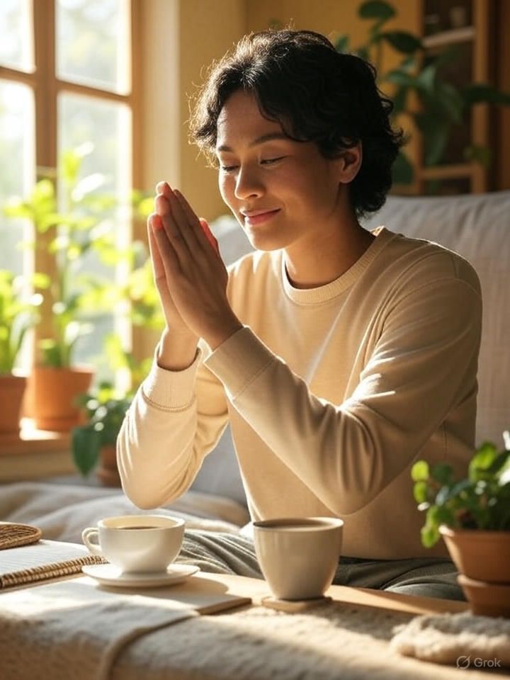 A vibrant, uplifting scene of a person practicing a morning ritual with sunlight streaming in, surrounded by a notebook, coffee, and plants, with a calm and focused atmosphere, using warm colors like soft yellows and greens to inspire positivity and growth.
