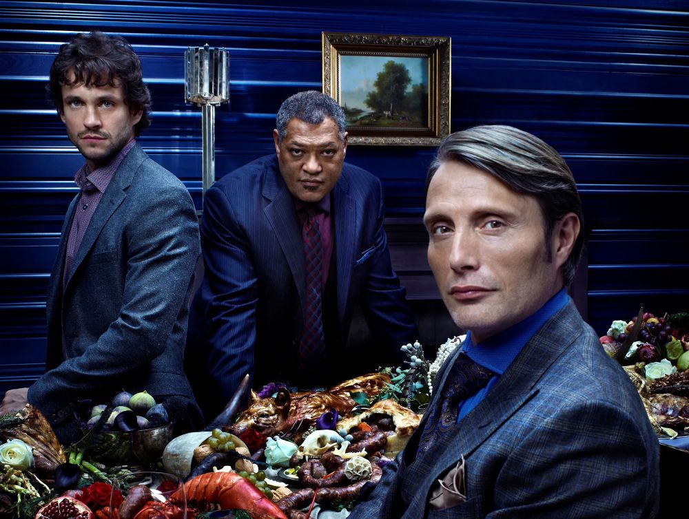 Promo photo for the show Hannibal.
Hugh Dancy as Will Graham, Laurence Fishburne as Jack Crawford, Mads Mikkelson as Hannibal Lecter.