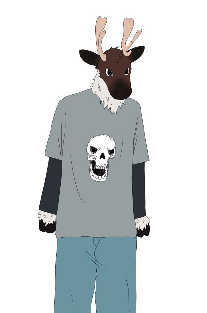 Digital art of an anthropomorphic Caribou wearing a gray skull t-shirt over a dark gray long sleeved shirt, and baggy light blue jeans.