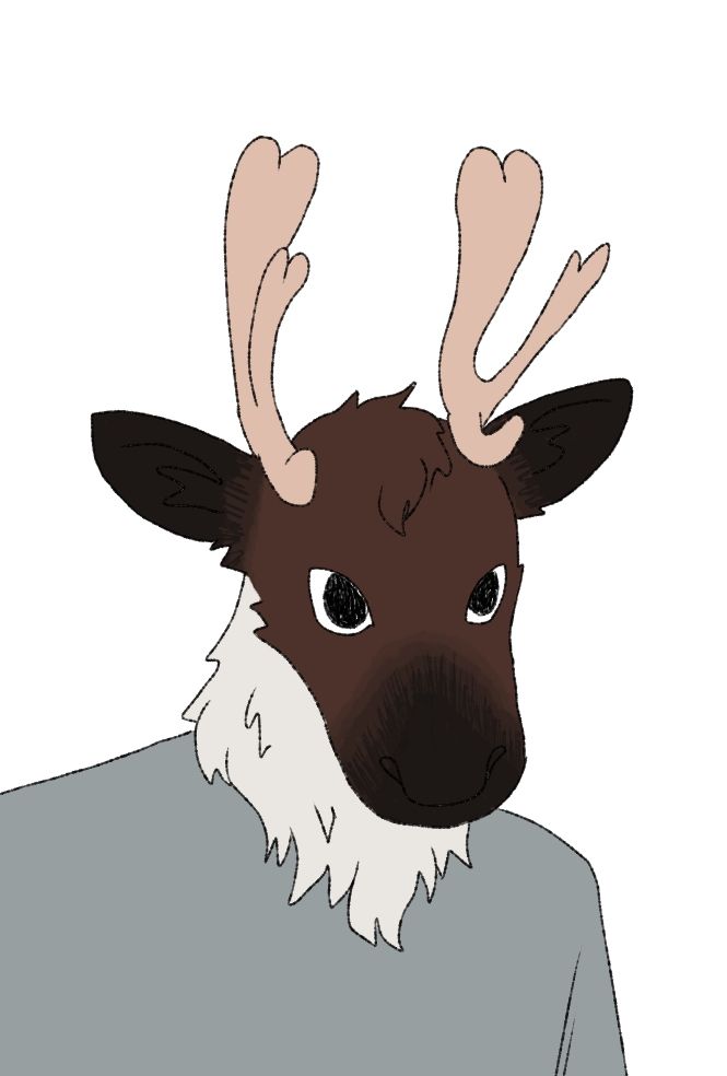 The same character from the first image except a close up of the face. Their head is brown, their ears and muzzle are a dark brown, and their fluffy neck fur is white.