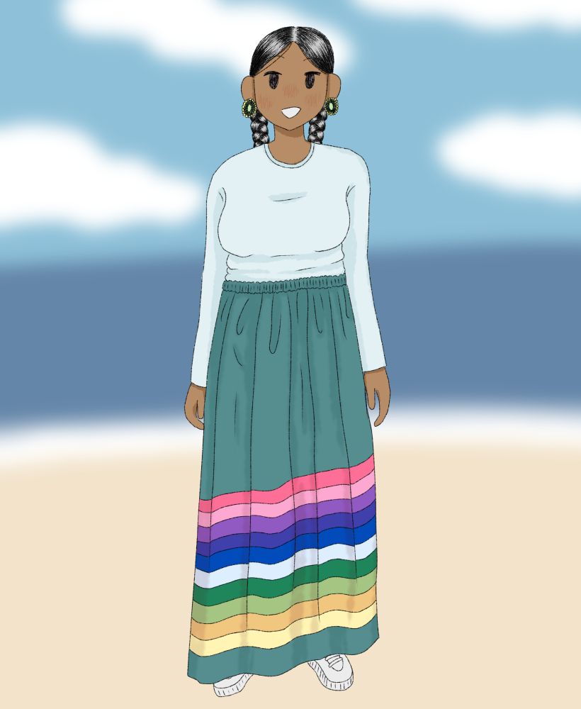 Digital art of a native woman wearing a teal ribbon skirt with multicoloured ribbons, a long sleeved pale blue shirt tucked into her skirt, and white sneakers. Her black hair is in two braids and she's wearing green beaded earrings. Behind her is a sandy beach, the sky has a few clouds.