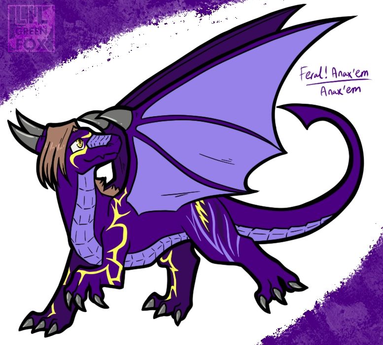 Anax'em - a purple quadpedal dragon with yellow electric highlights on their body looking around! 