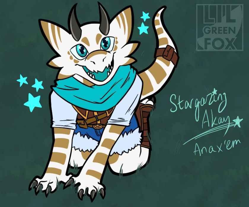 Akay - a white kobold with dark beige highlights looking towards you with stars in her eyes on a grassy field