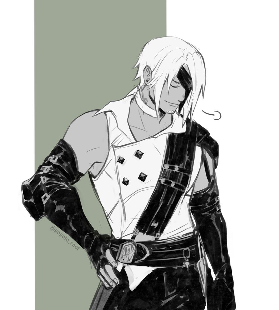 Thancred in his Heavensward gear, a hand on his hip as he sighs with a smile, eyes closed.