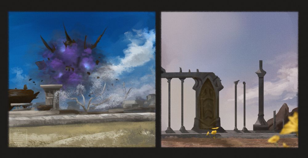 Two plein air paintings of an area near Zenith. On the left with a blue sky, the Aery's puffs of menacing purple smoke and jagged rocks bursting from the floating mass in the distance. A grassy court and aged white stone in the front.
On the right, the pastel purples, blues, and pinks of the sky at dawn, with stone ruins of a lost Elezen civilization, and some bright yellow flowers.