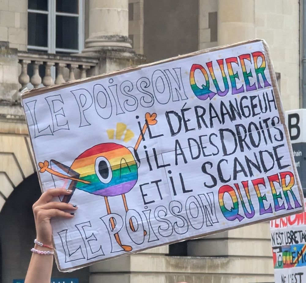 Une pancarte aillant comme slogan "Le poisson queer, il deranfeuh, il a des droits et il scande, le poisson queer" parodie mirifique du poisson Steve