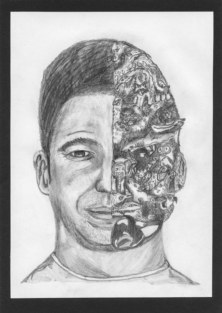 Portrait in pencil on paper of Steve Backshall entitles “Steve vs the Deadly 60”, with half of his face made up from different animals, chosen to be exhibited at the art-K exhibition “Blended Journeys” 2024