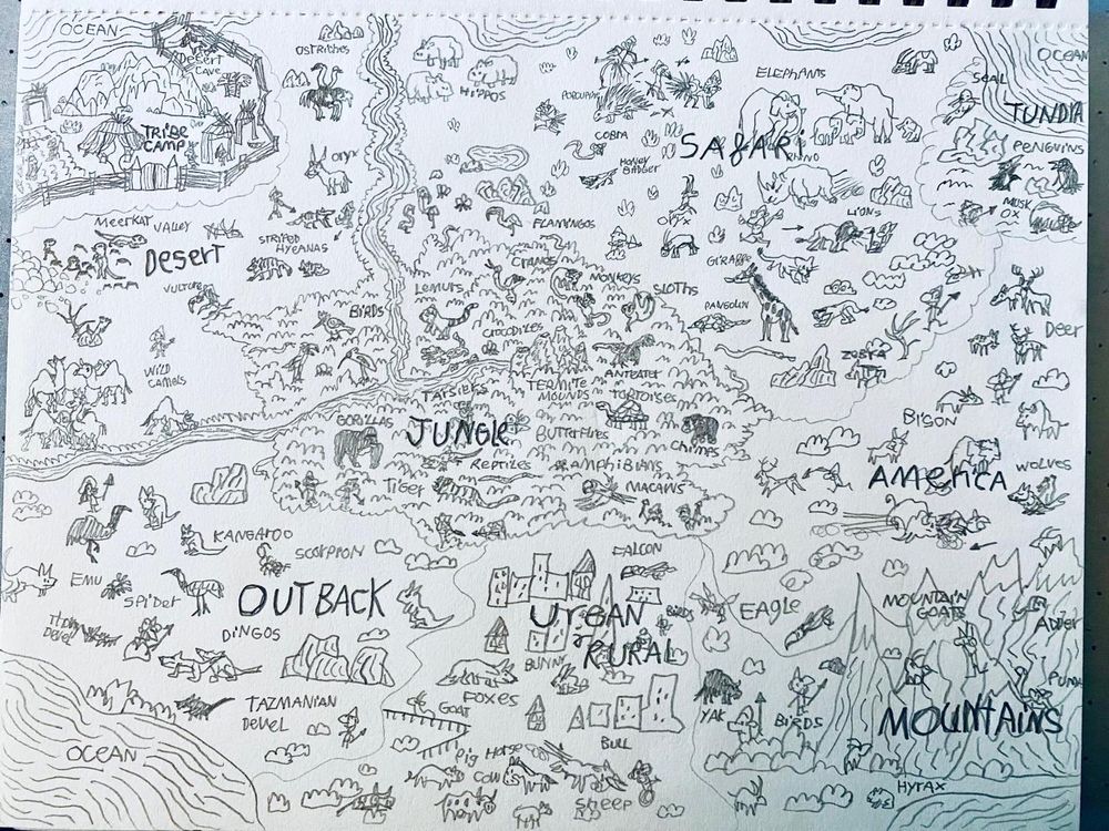 Pencil drawing of a map of different habitats in the world and the animals and terrain found there such as the outback, desert and African savanna where lions roam