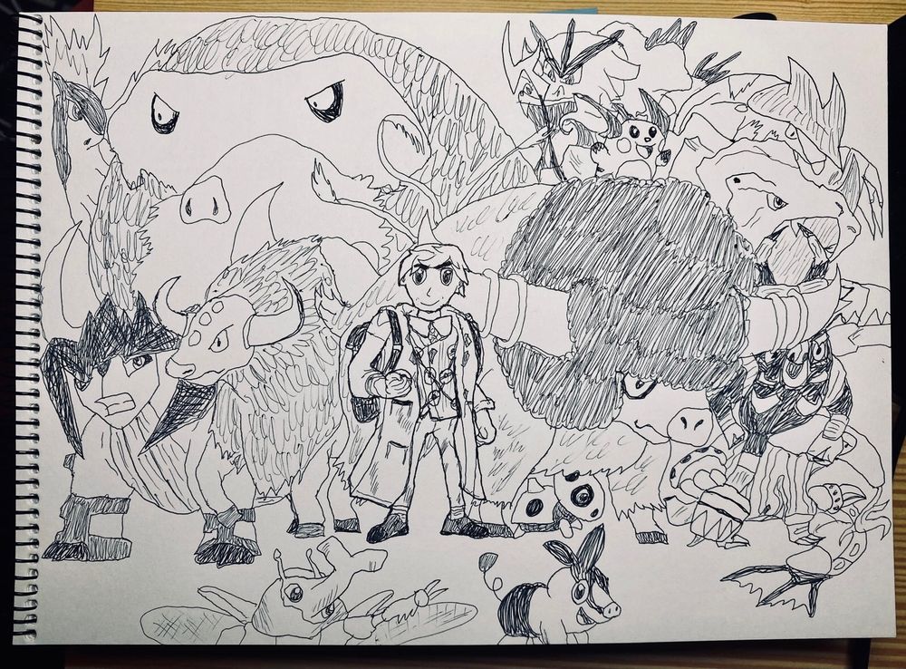 Sketchbook page with a pen drawing of me as a Pokémon trainer with my team of Pokémon including Bouffalant, Tauros, Aron, Terrakion and others