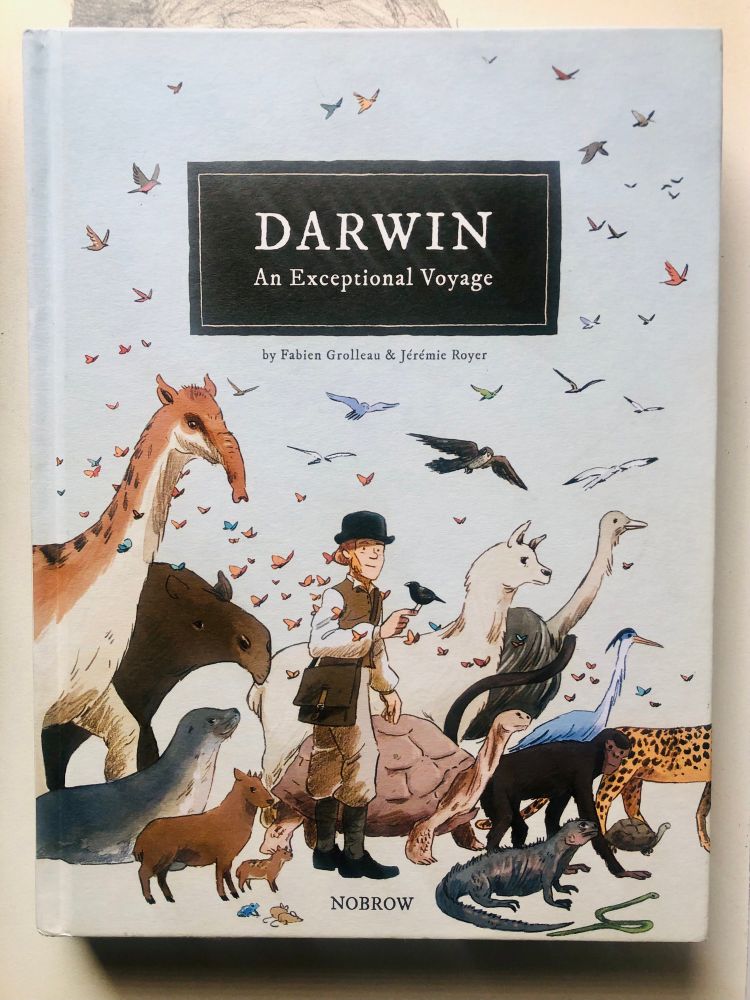 Cover of graphic novel “Darwin: An Exceptional Voyage” by Fabian Grolleau & Jérémie Royer; published by Nobrow Press, featuring comic style illustrations of Charles Darwin and various animals like a Galapagos tortoise, iguana and heron, etc., walking alongside him against a sky full of birds and butterflies flying 