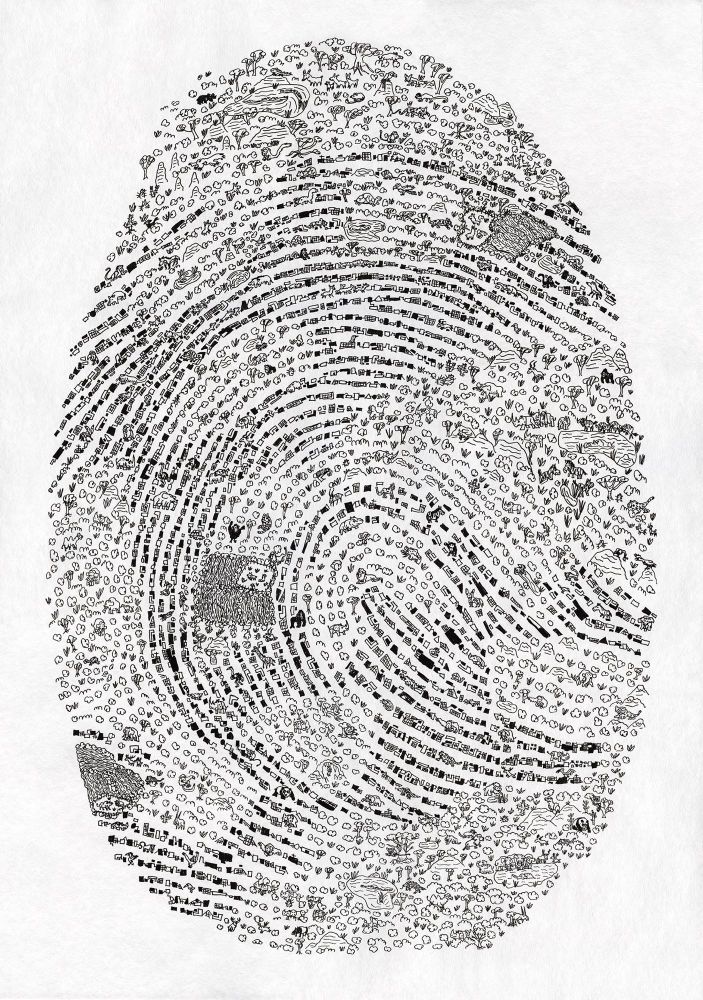 Ink pen on paper for my artwork “a lasting mark” of a fingerprint made up of a variety of different animals in their natural habitats having to adapt to man-made urban environments encroaching on the landscape