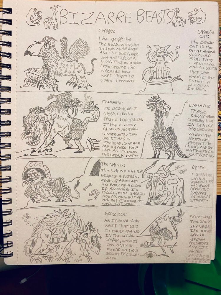 Sketchbook page of “Bizarre Beasts” with 8 panels showing different illustrations in pencil of creatures such as The Sphinx and The Chimera which has the head of a lion 