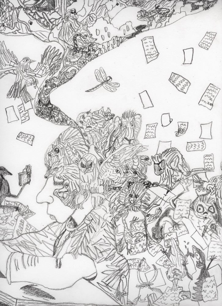 Self portrait in pencil with my face in profile sitting at a desk studying the natural world, whilst all kinds of wildlife like birds, reptiles and mammals escape my thoughts and are released into the world around me