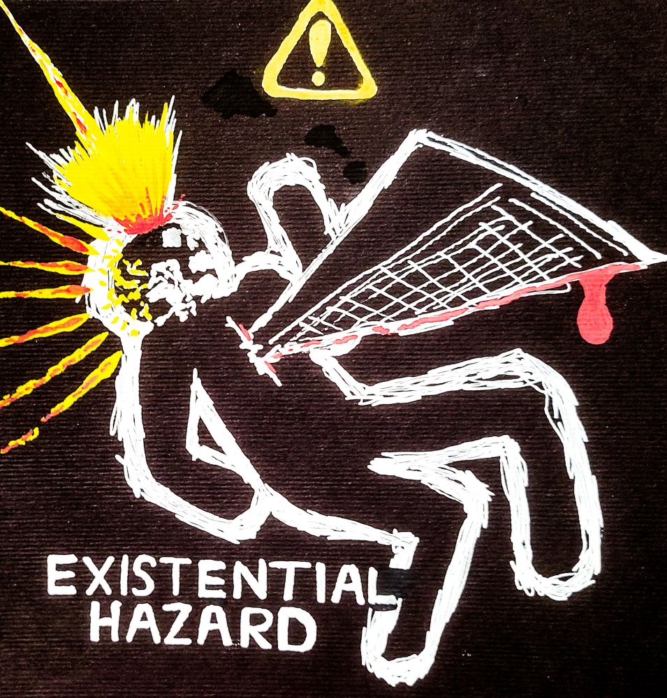 a figure is pierced by a massive wedge while being shot in the head with a beam from above as a halo eminates from the skull of the figure. the image is styled as a hazard sign