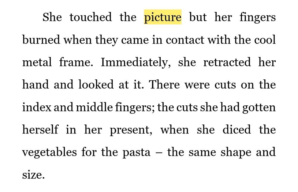 She touched the picture but her fingers burned when they came in contact with the cool metal frame. Immediately, she retracted her hand and looked at it. There were cuts on the index and middle fingers; the cuts she had gotten herself in her present, when she diced the vegetables for the pasta – the same shape and size.
