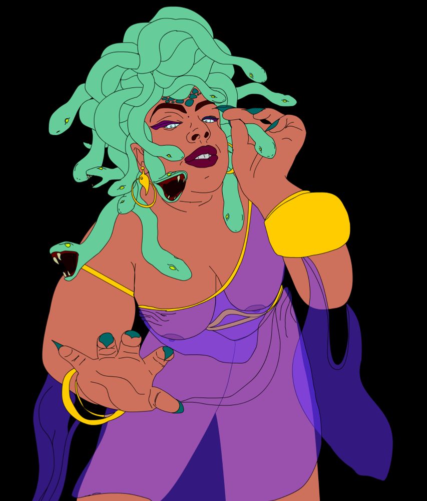 Vector sketch of Medusa including the original purple tinted dress and the snakes in their original green base color