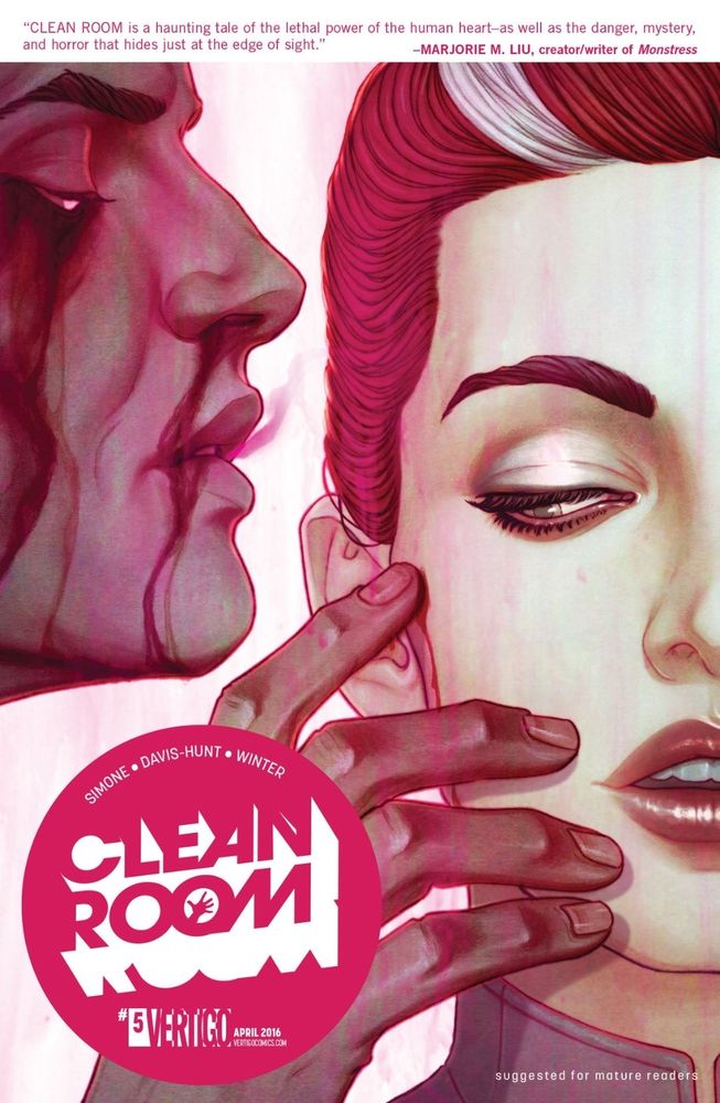 Cover to issue no. 5 of Clean Room feasting a closeup of a woman with an eerie looking person whispering in her ear