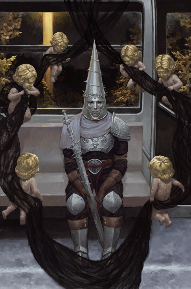 Painting of The penitent one from Blasphemous taking the bus