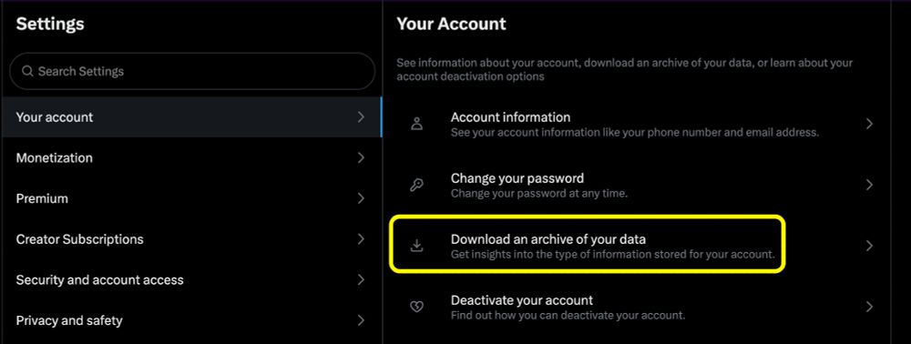 Settings on X / Twitter showing where Data export is.