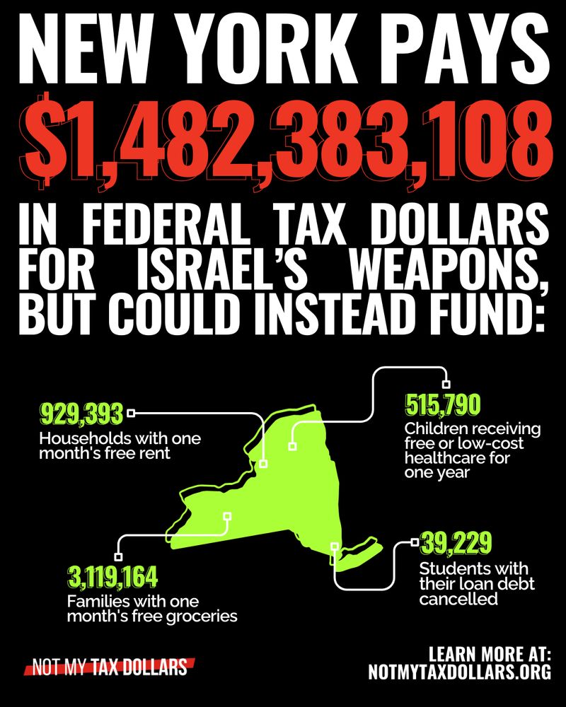NEW YORK pays >$1.4 BILLION in federal tax dollars for Israel's weapons.

Learn more at NotMyTaxDollars.org