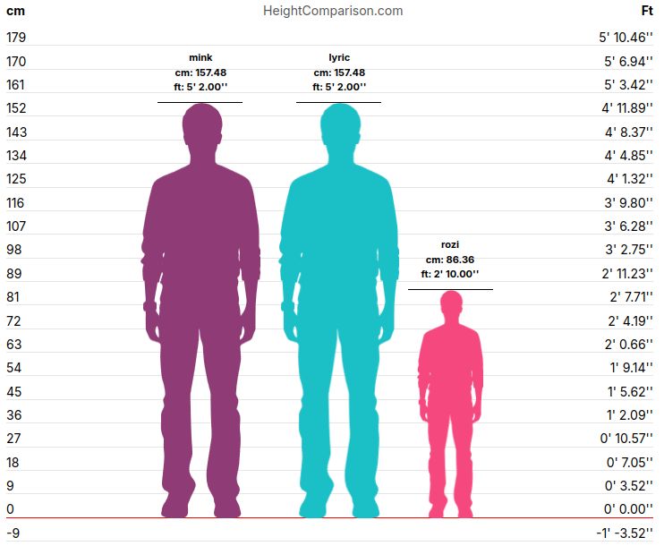 height comparison chart, me and lyric are 5'2", rozi is 2'10"