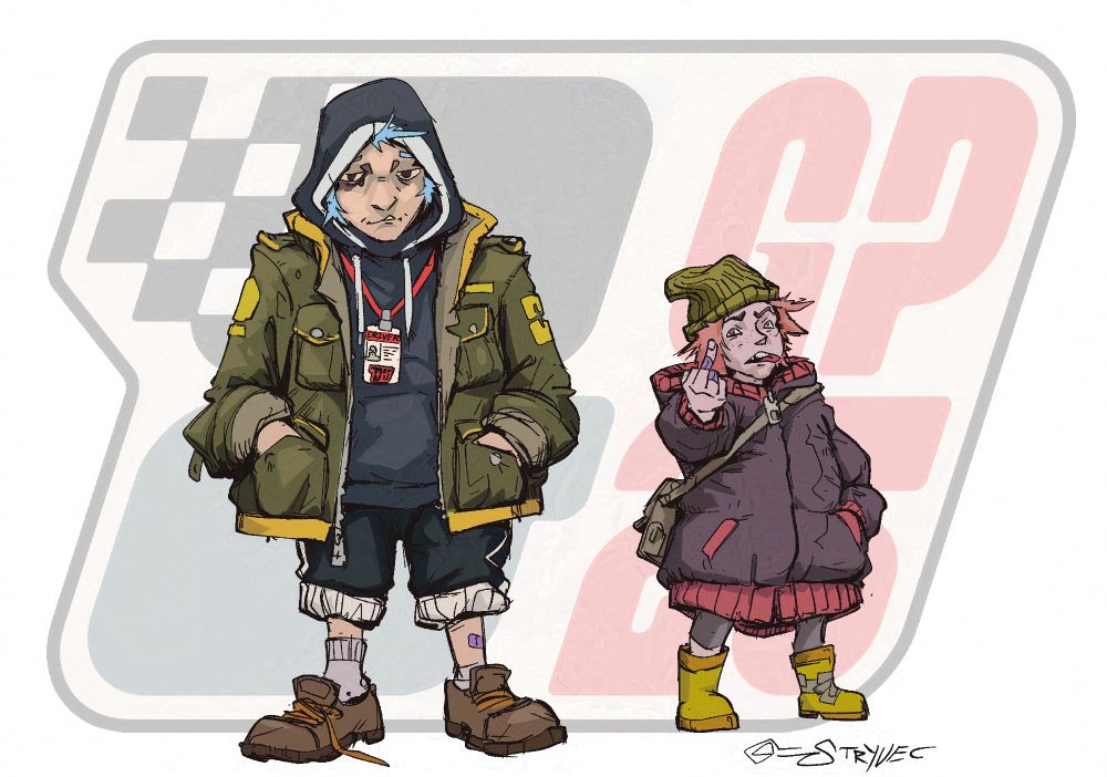 Two scruffy looking kids. One in a much too big military-style jacket and hoodie with a driver pass on a lanyard. The other in a baggy coat, flipping you off. Behind them is a logo for Chromacorps 2025.