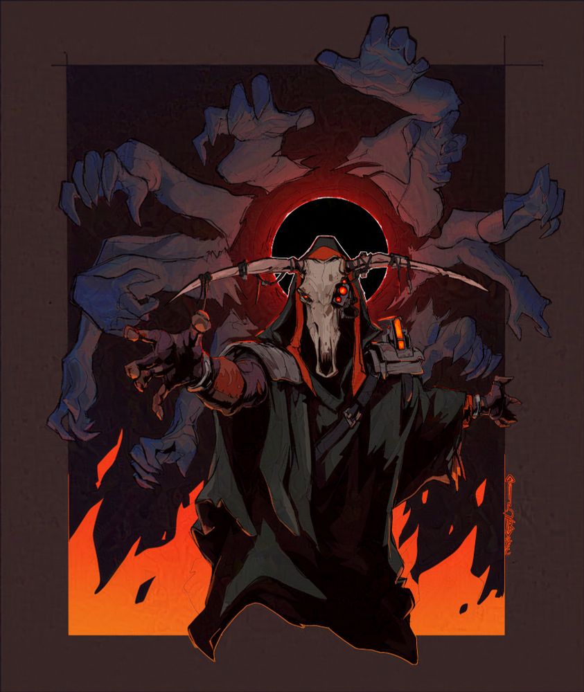 A demonic cybersorcerer with a long horn skull for a mask/head summoning a bunch of hands.