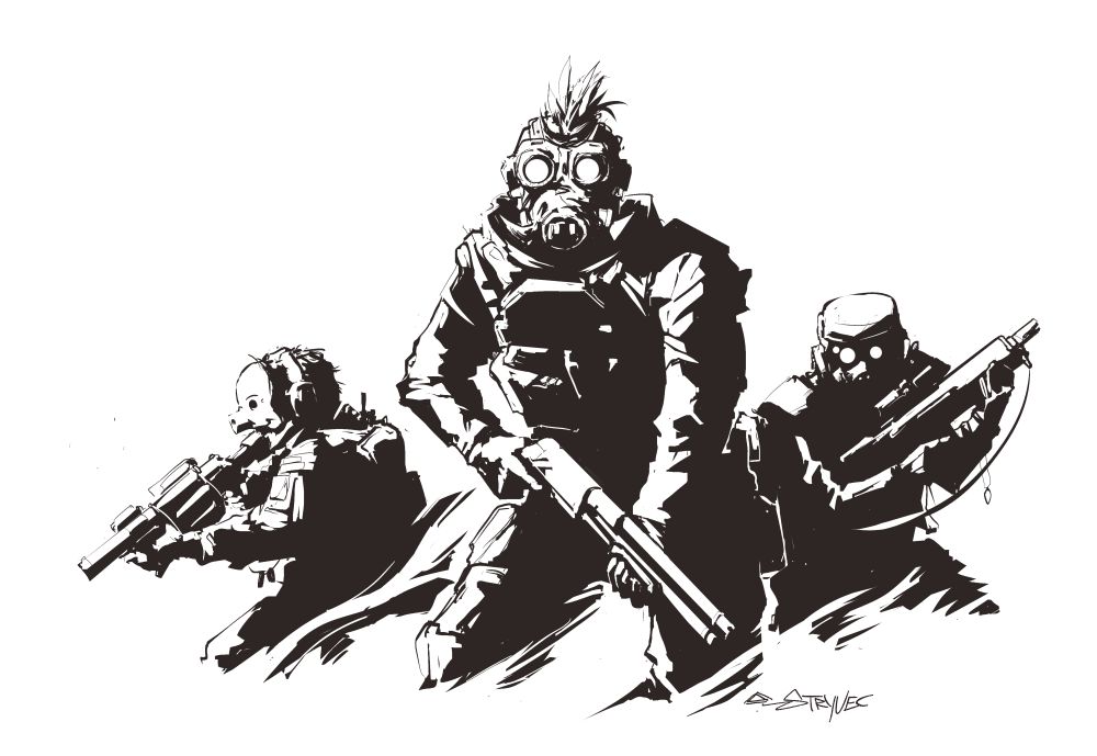 Three pig, hog or swine masked shabby operators with guns at the ready.