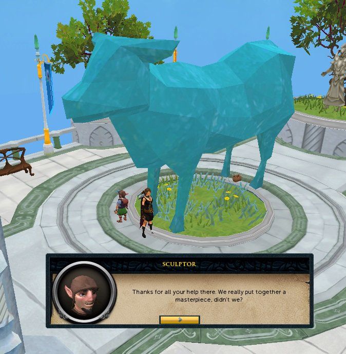 A screenshot from the development of RuneScape, where the god statue has a placeholder model of a giant blue cow. A gnome NPC makes the comment "Thanks for all your help there. We really put together a masterpiece, didn't we?". The text is not placeholder.