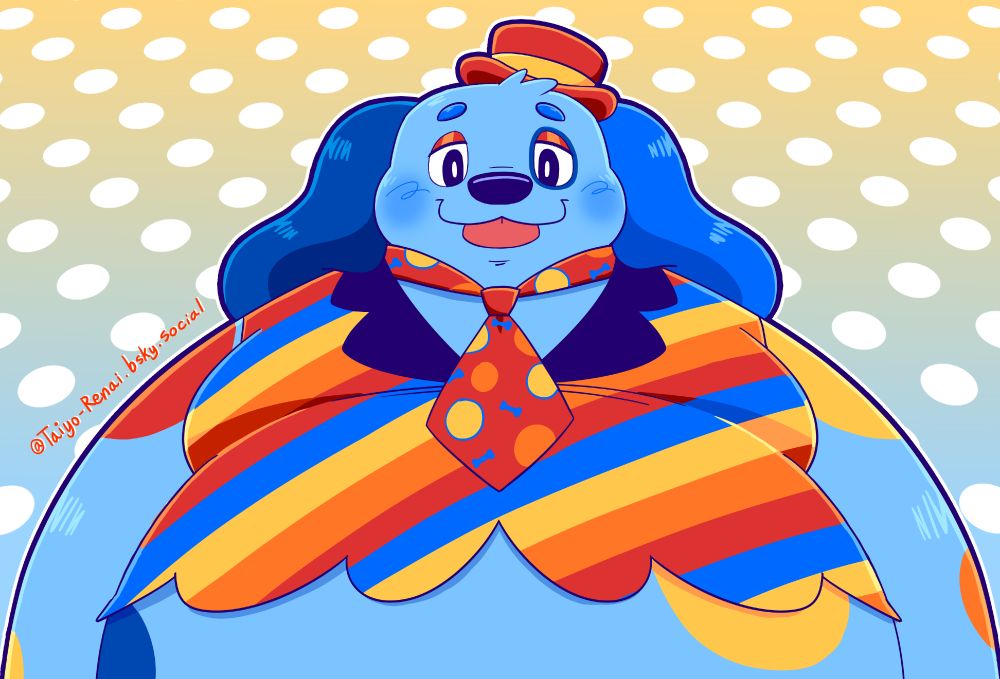 Artwork of Barnaby from the ARG "Welcome Home," seen from an upward angle on an abstract background