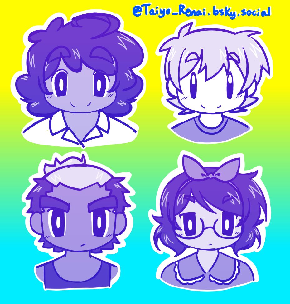Headshots of some characters of mine (Ben, Shane, Kaji and Nora) looselt based on the Headspace portraits from OMORI