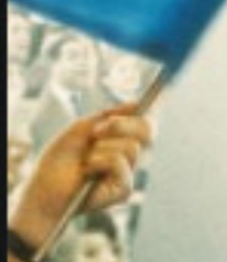 A zoomed in picture of one of the "fantastic four: first steps" film posters showing someone with four fingers waving a flag