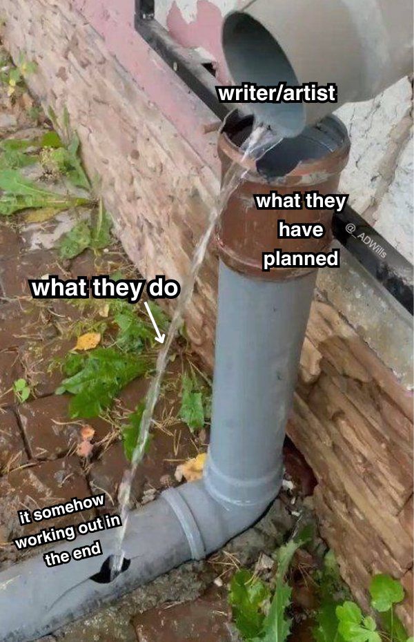 A photo of a downspout that has a hole. The intact downspout represents an artist’s plans. The leak represents whoat they actually do. Th irony is the leak perfectly enters a crack in the downspout further down implying even though the artist’s work doesn’t follow the planned trajectory everything works out in this end.